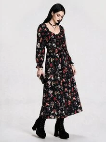 Breakform Halloween Dark Style Vintage Tattoo Print Waist-Cinching Slimming Dress - Multicolor - View 1