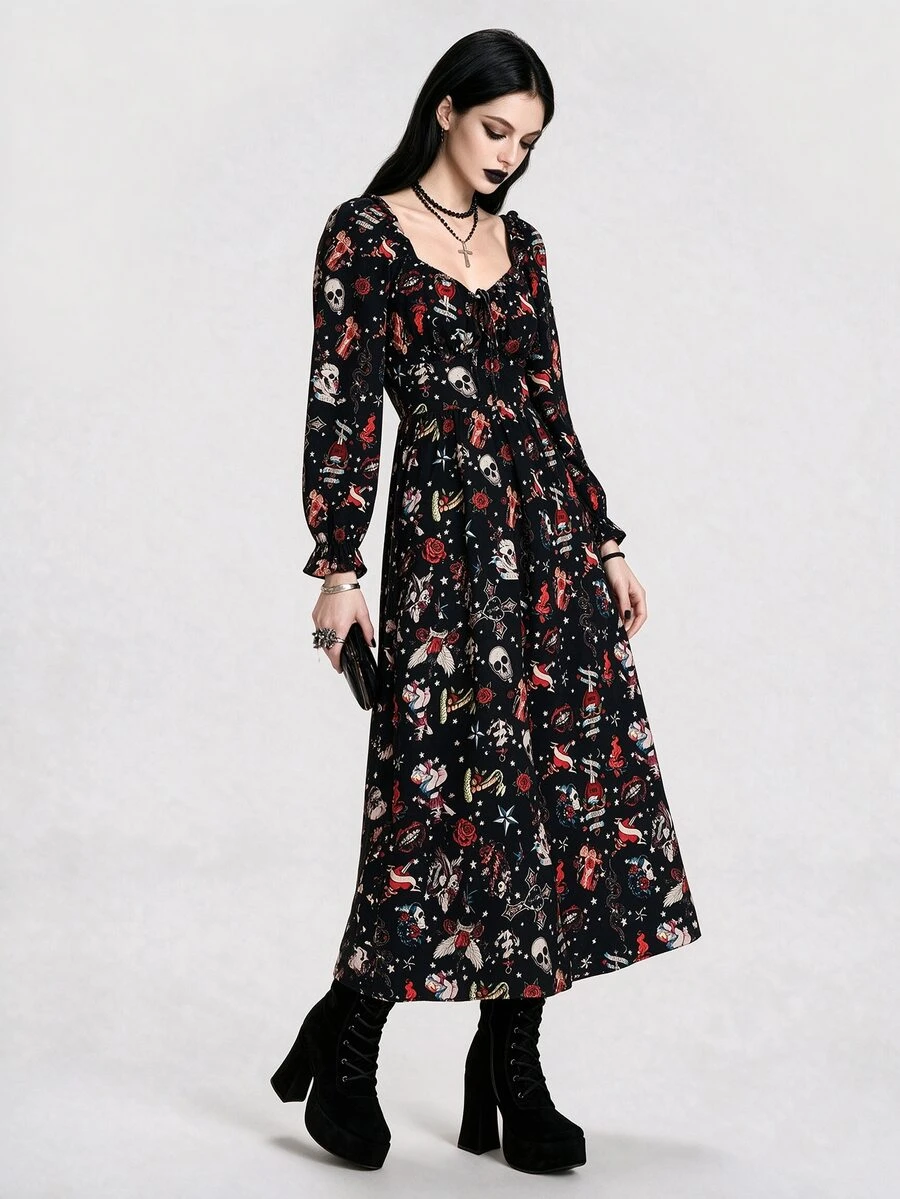 Breakform Halloween Dark Style Vintage Tattoo Print Waist-Cinching Slimming Dress - Multicolor - View 1
