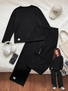 Comfortcana Plus Size Autumn Casual Solid Color Top And Pants 2 Pieces Set - Black - View 12