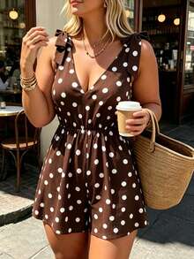 INAWLY Plus Size Fashion Street Polka Dot Print Romper - Brown - View 4