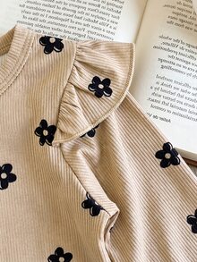 SHEIN 1件新生女嬰連身衣 甜美優雅咖啡色卡其花卉羅紋荷葉邊長袖圓領 生日派對秋季假期按扣款 - 杏色 - 查看 5
