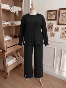 Comfortcana Plus Size Autumn Casual Solid Color Top And Pants 2 Pieces Set - Black - View 9