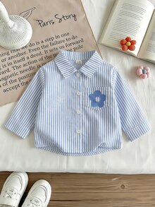 SHEIN Playful Pals 女嬰休閒格紋韓風清新可愛長袖襯衫上衣，適合春秋冬季，適合外出與日常穿著 - 藍色 - 查看 4