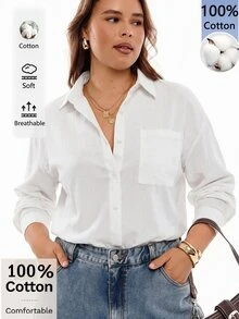 Solavibe 100%純棉大尺碼女款休閒長袖鈕扣領襯衫 - 白色 - 查看 1