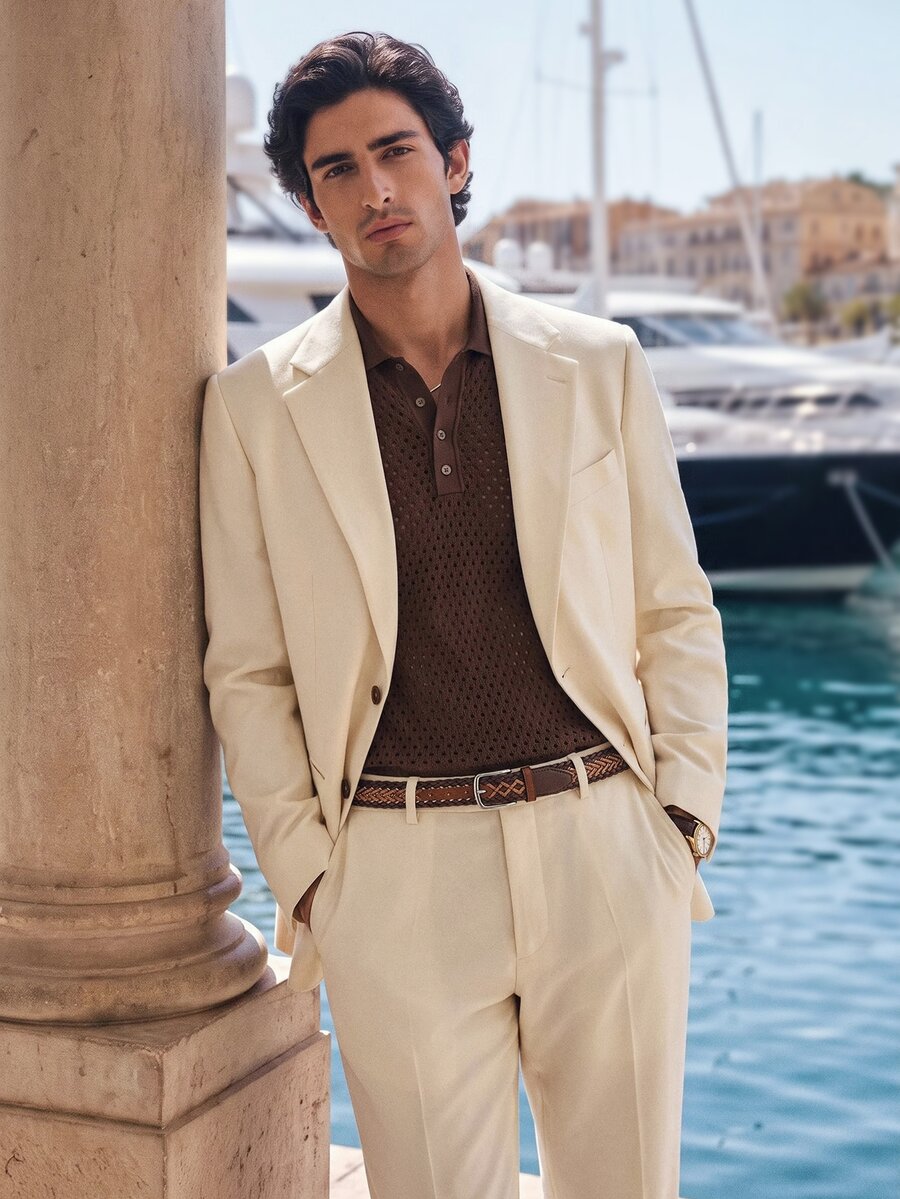 Suiteron Men's Solid Color Lapel NeckLong Sleeve Casual Jacket And Pants Suit Set - Apricot - View 1