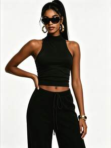 Zyxie Women's Casual 2 Pieces Set With High Neck Tank Top And Elastic Waist Long Pants - Black - View 5