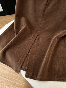 SHEINBlues 女款燈芯絨面料前開衩鈕扣裝飾A字直筒裙，優雅70年代辦公約會秋季服飾，感恩節，咖啡棕色 - 棕色 - 查看 3