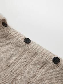 SHEIN Cable Knit Sweater, Asymmetrical Collar Knit Top, Shoulder Button Jumper, Batwing Sleeve Knitwear, N - Khaki - View 3