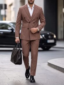 Manfinity Mode Men's Striped Double-Breasted Blazer And Trousers Casual Suit Set, Formal - Coffee Brown - View 3