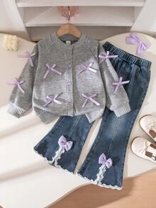 Genkimix Kids Young Girls Autumn Korean Style Minimalist Ribbon Bow Contrast Color Grey Long Sleeve Cardigan With Split Flare Denim Jeans Long Pants Autumn Outfit - Multicolor - View 1