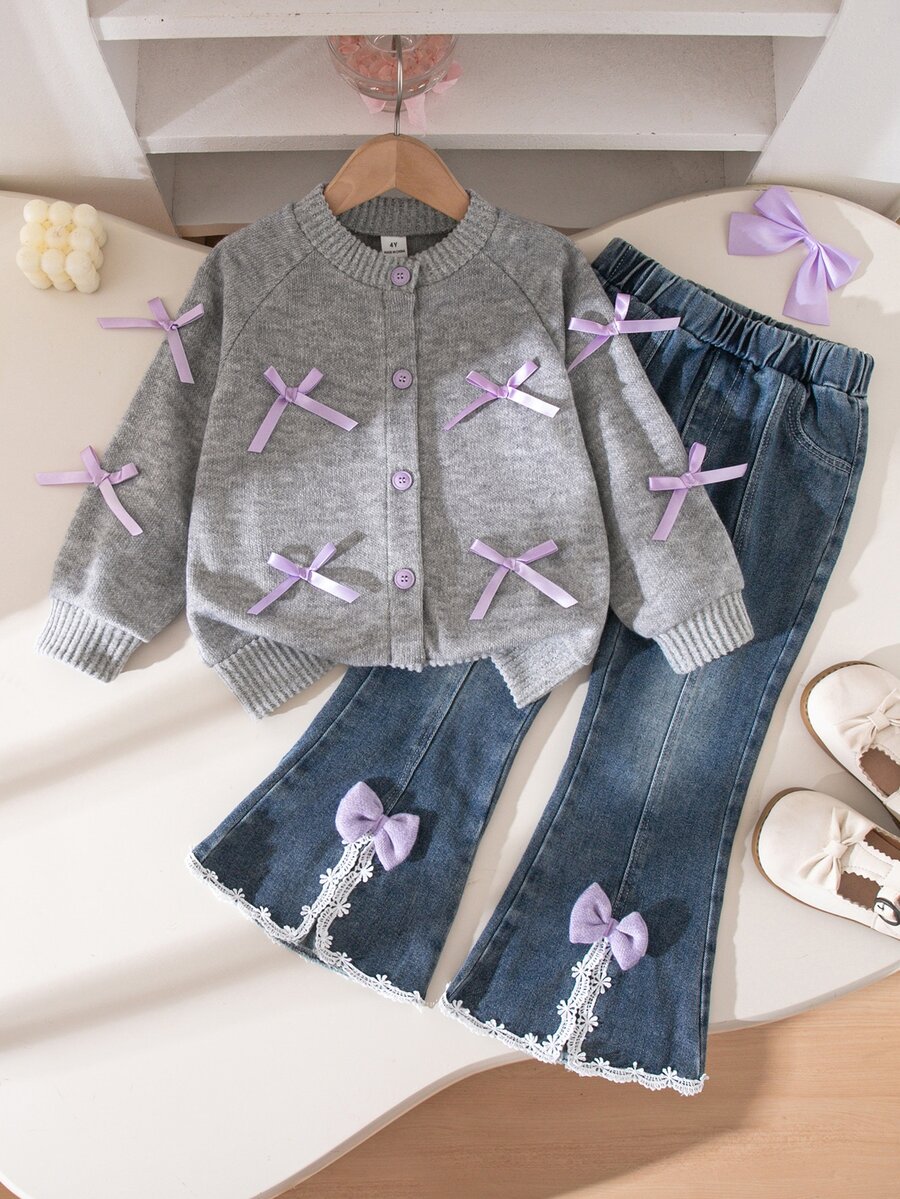 Genkimix Kids Young Girls Autumn Korean Style Minimalist Ribbon Bow Contrast Color Grey Long Sleeve Cardigan With Split Flare Denim Jeans Long Pants Autumn Outfit - Multicolor - View 1