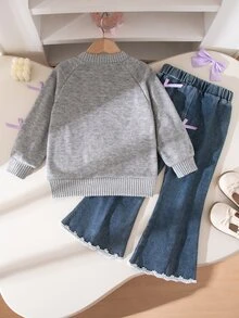 Genkimix Kids Young Girls Autumn Korean Style Minimalist Ribbon Bow Contrast Color Grey Long Sleeve Cardigan With Split Flare Denim Jeans Long Pants Autumn Outfit - Multicolor - View 2