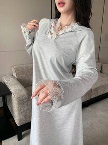 Modelyn Sweatshirt Panjang Wanita Motif Bunga Renda Patchwork Longgar Berkerudung Abaya Muslim - Light Grey - View 4