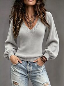 Trelyra 女款素色休閒百搭日常穿著長袖針織衫 - 灰色 - 查看 4