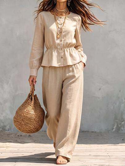 SHEIN 2026 New Spring/Autumn Solid Color Textured Linen 2 Pieces Set Women's Outfit, Round Neck Single-Breasted Cinched Waist Ruffle Hem Long Sleeve Top + High Waist Wide Leg Long Pants Set, French Minimalist Commute Gentle Style Casual 2 Pieces Set