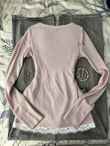 IslaSuriya Kaos Lengan Panjang 2 in 1 Bergaya Minimalis Seksi dengan Renda - Dusty Pink - View 2