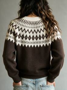 SHEIN Women Fall Winter Crew Neck Fair Isle Geometric Pattern Knit Sweater Long Sleeve Pullover - Brown - View 2