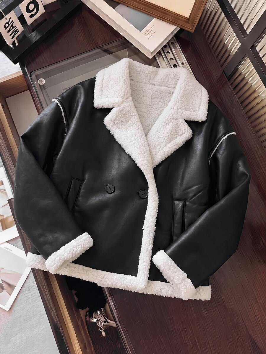 SHEIN 青少年女孩 PU 合成皮保暖內裡撞色領機車夾克,秋冬外套 - 黑色 - 查看 1