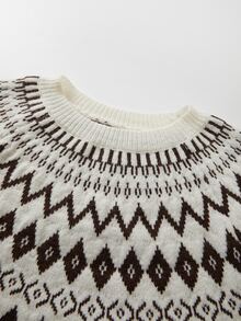SHEIN Women Fall Winter Crew Neck Fair Isle Geometric Pattern Knit Sweater Long Sleeve Pullover - Brown - View 6