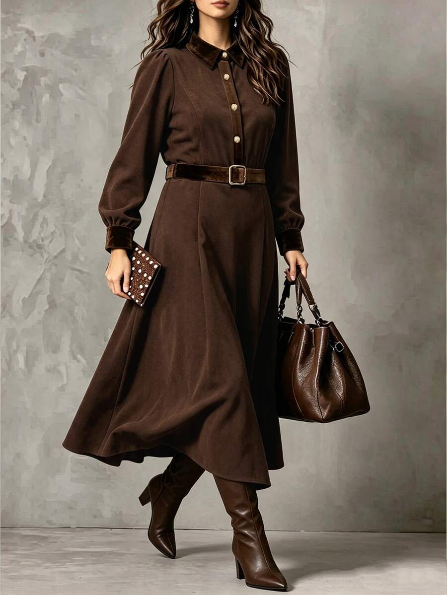 Linhara CURVE Plus Size Woven Elegant Autumn Dress Fall - Coffee Brown - View 1