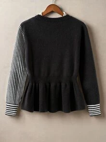GlowEve CURVE Plus Size Women's Patchwork Striped Long Sleeve Casual Pullover Sweater Winter - Black - View 2