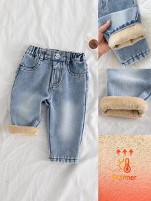 Boys' Thermal Lined Thick Denim Jeans, Light Blue Washed Loose Rolled Hem Wide Leg Pants, Baby Boy Autumn/Winter Casual Outdoor Trousers - Light Wash - View 3