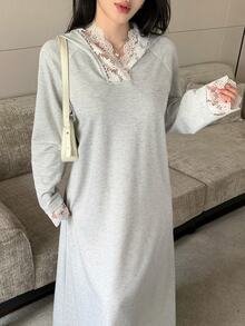 Modelyn Sweatshirt Panjang Wanita Motif Bunga Renda Patchwork Longgar Berkerudung Abaya Muslim - Light Grey - View 6
