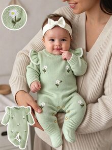 SHEIN 女嬰毛衣連身衣，嬰兒幼兒套頭圓領針織長袖毛衣連身褲，舒適適合秋冬，荷葉邊袖口，可愛俏皮時尚，手工刺繡花卉設計，優雅淑女風，重工綠色，日常百搭 - 綠色 - 查看 1