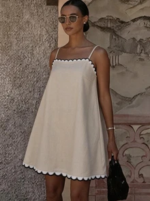 Cévolie Women's Plus Size Casual Vacation Contrast Lace Camisole Dress - Khaki - View 5