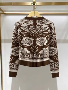 Linhara CURVE Plus Size Vintage Jacquard Fashion Button Long Sleeve Knit Cardigan - Coffee Brown - View 5