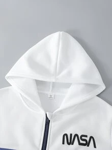 青少年男孩 13-16Y 配色拉鍊連帽外套與慢跑褲 2件套運動服，保暖字母印花秋冬運動休閒套裝，適合學校、日常與街頭穿搭 - 藍白色 - 查看 5