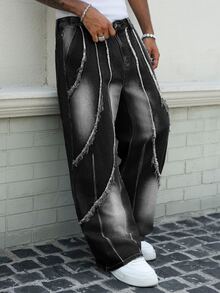 Manfinity LEGND Men's Hip Hop Streetwear Distressed Frayed Tie-Dye Washed Denim Wide Leg Pants - Black - View 3