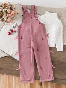 SHEIN Playful Pals 可愛風格休閒吊帶褲，適合4-7歲小女孩，春秋冬季穿著，深粉色櫻桃圖案配粉色蝴蝶結裝飾，寬鬆直筒版型，柔軟舒適面料，適合日常穿著、上學、通勤、外出、度假、派對等多種場合的時尚單品 - 粉色 - 查看 2