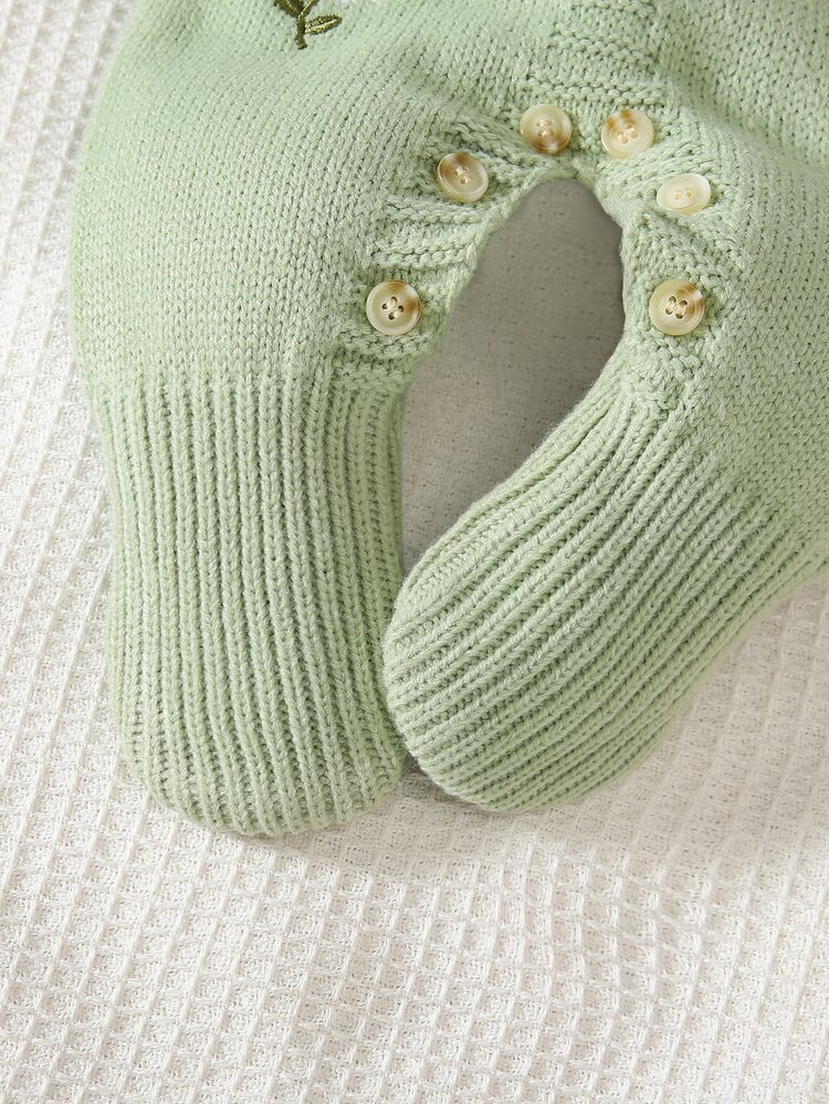 SHEIN Baby Girls Sweater Onesies, Infant Toddler Pullover Round Neck Knitted Long Sleeve Sweater Romper With Footed Pants, Comfortable For Autumn/Winter, Ruffle Trim Flutter Sleeves, Cute Playful Stylish Fashionable, Hand-Embroidered Floral Design, Elegant Graceful Lady Style, Heavy Craft Green, Daily Versatile - Green - View 5