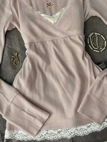 IslaSuriya Kaos Lengan Panjang 2 in 1 Bergaya Minimalis Seksi dengan Renda - Dusty Pink - View 4