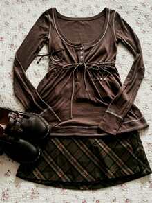 IslaSuriya Atasan Lengan Panjang Vintage Wanita, Musim Gugur/Dingin - Rust Brown - View 1