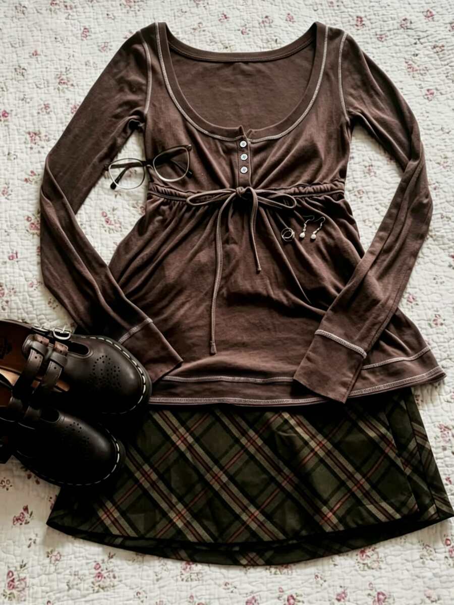 IslaSuriya Atasan Lengan Panjang Vintage Wanita, Musim Gugur/Dingin - Rust Brown - View 1
