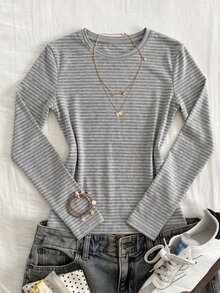 SHEIN 青少年女孩灰色與白色條紋設計長袖休閒百搭T恤，適合春秋季節，適用於日常外出、通勤、旅行、聚會 - 灰色 - 查看 1
