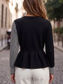GlowEve CURVE Plus Size Women's Patchwork Striped Long Sleeve Casual Pullover Sweater Winter - Black - View 4
