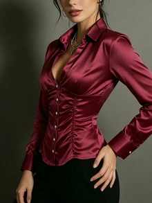 Glimmora Sexy Hot Girl Single-Breasted Ruched Satin Blouse Top - Burgundy - View 4