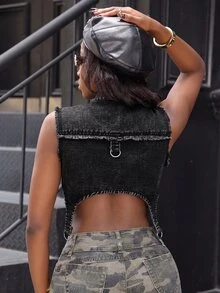 Jeanoix Women's Denim Y2K Street Style Hot Girl Special Vest - Black - View 2