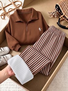 SHEIN 青少年女孩春/秋季百搭休閒可愛半拉鍊長袖衛衣與寬鬆直筒長褲套裝，適合日常穿著、購物、通勤與校園 - 棕色 - 查看 1