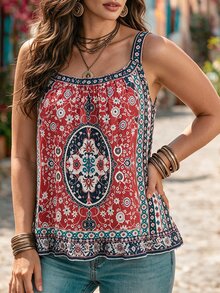 Ceyna Plus Size Women's French Casual Elegant Printed Camisole Tank Top - Multicolor - View 3