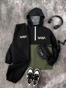 SHEIN 青少年男孩半拉鍊連帽外套與慢跑褲2件套，休閒運動風，適合秋冬、通勤、上學、日常穿著、度假、旅行、運動，四季皆宜，抓絨加厚 - 彩色 - 查看 2