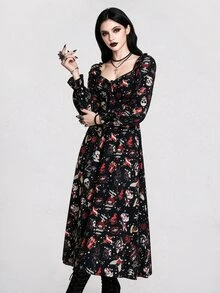 Breakform Halloween Dark Style Vintage Tattoo Print Waist-Cinching Slimming Dress - Multicolor - View 5