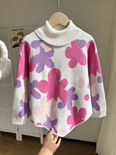 SHEIN Girls' Winter Warm Apricot High Neck Long Sleeve Knit Sweater, Toddler Fashion Casual Asymmetrical Hem Pullover, Soft And Skin-Friendly
