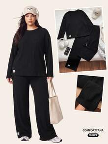 Comfortcana Plus Size Autumn Casual Solid Color Top And Pants 2 Pieces Set - Black - View 1