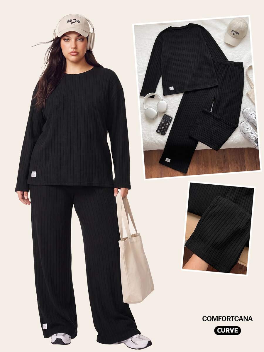 Comfortcana Plus Size Autumn Casual Solid Color Top And Pants 2 Pieces Set - Black - View 1