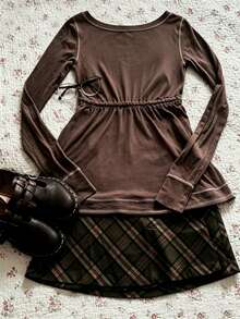 IslaSuriya Atasan Lengan Panjang Vintage Wanita, Musim Gugur/Dingin - Rust Brown - View 2