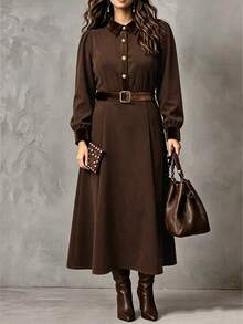 Linhara CURVE Elegant vävd höstklänning i plus size - Kaffebrun - Visa 7